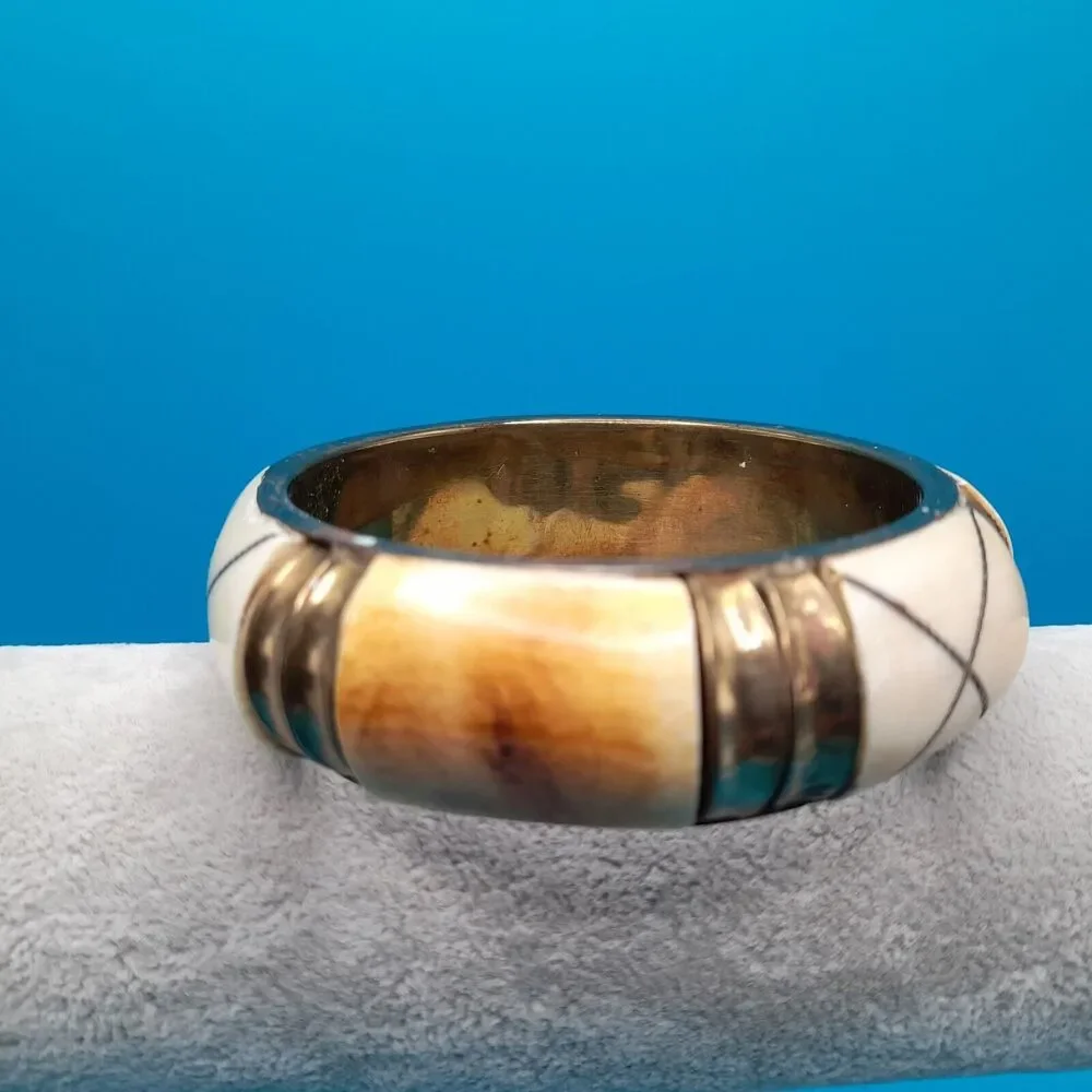 Vintage Brass Bone Inlay Wide Bangle Bracelet Cream Tribal Boho 8 Inch